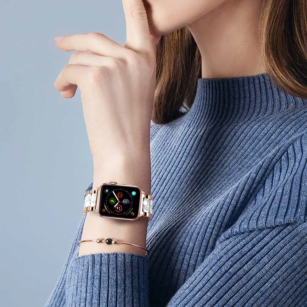 Для женщин Смола+ Нержавеющая сталь ремешок для наручных часов Apple Watch, версии наручных часов iWatch, 5, 4, 3, 2, 1, 44/40/42/38 мм браслет на запястье с металлическим браслетом, женский браслет