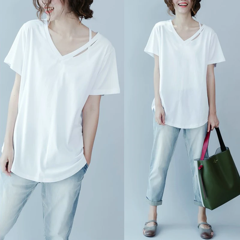 

Summer T-shirt women foreign style loose casual V-neck was thin black white solid color One size wild T-shirt Clearance D133