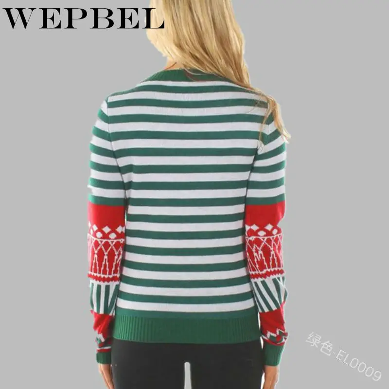 

WEPBEL Women Autumn Winter Christmas Stripe Print Knitted Sweater Pullover Top Casual Ladies Long Sleeve O Neck Knitwear