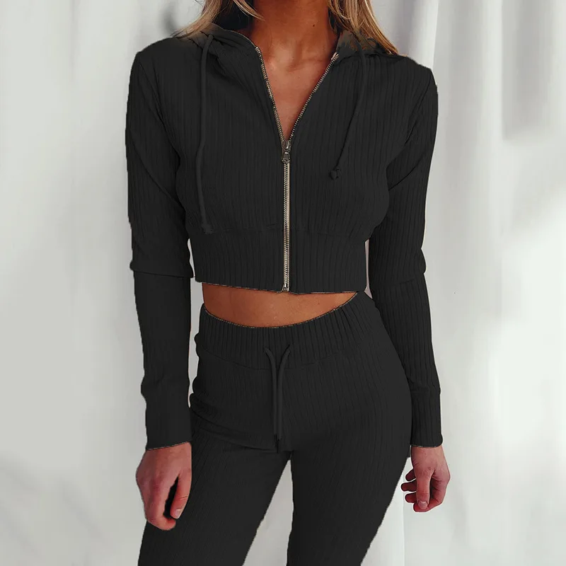 

Spring And Autumn Fashion Temperament Commuter 2-piece Set Trendy Women's Hooded Long Sleeve Zipper Slim Sports Casual Suit