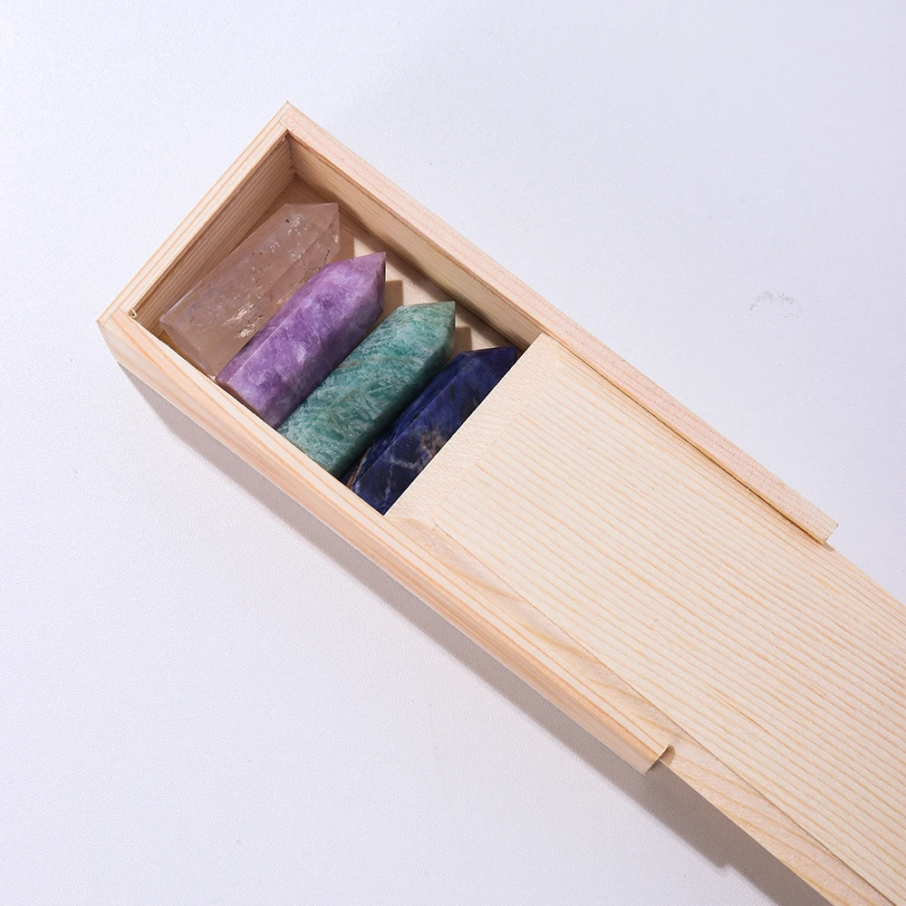 8Pcs/set Crystals Chakra Array Amazonite Stone Points Natural Quartz Hexagonal Prism Healing Wand Wooden Gift Box - купить по