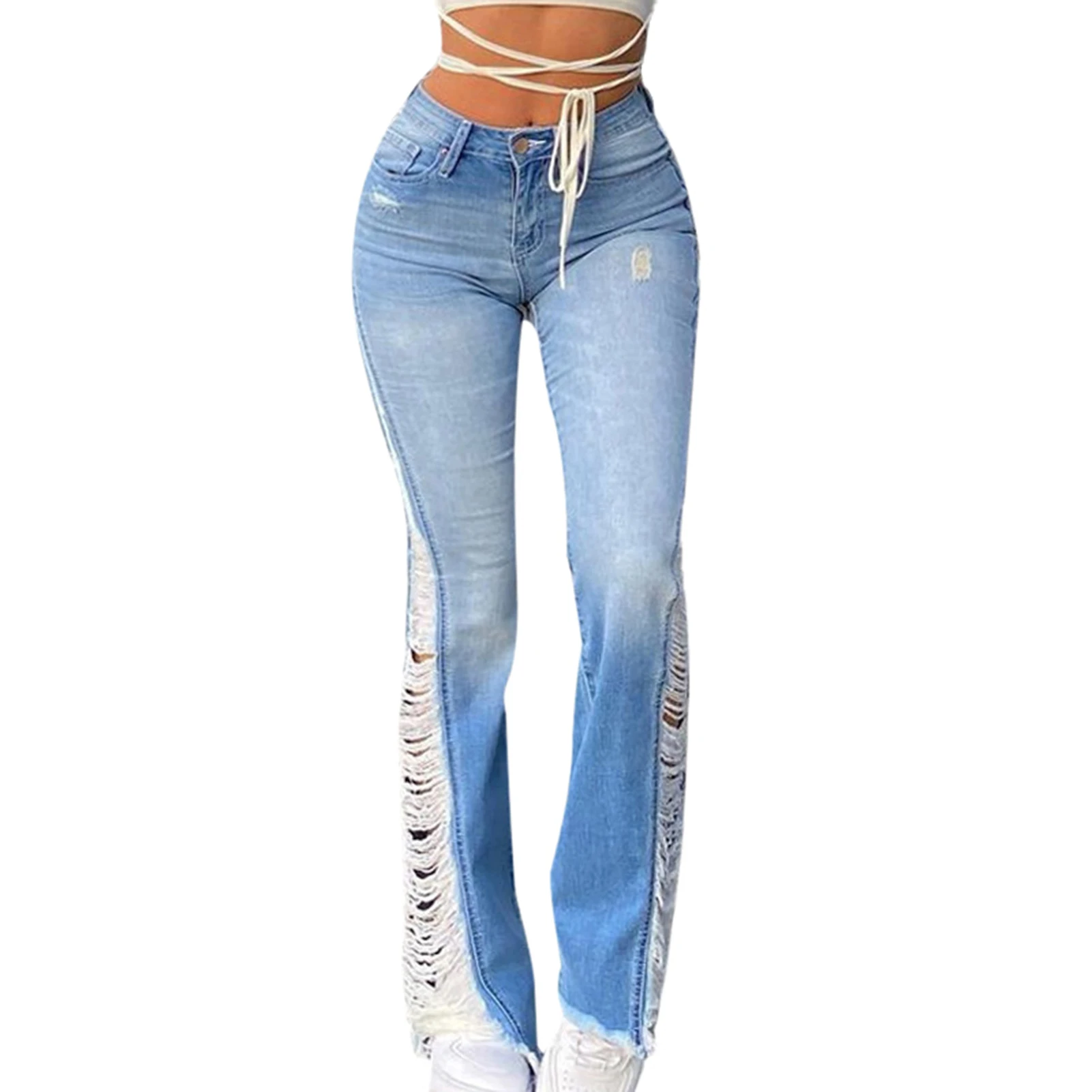 

Newly Women Drawn Hollow Denim High Waist Pants Flared Jeans For Spring Autumn m99