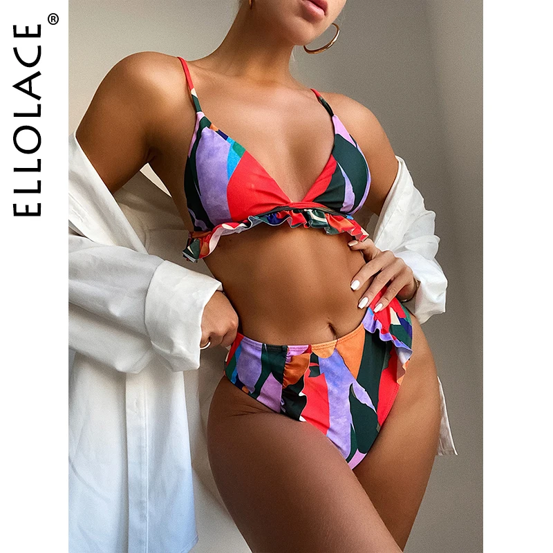 

Ellolace Sexy Ruffled Swimwear Color Contrast High Waist Women's Swimwear 2021 Separate Swimsuit Bikini Women's Bathing Suits
