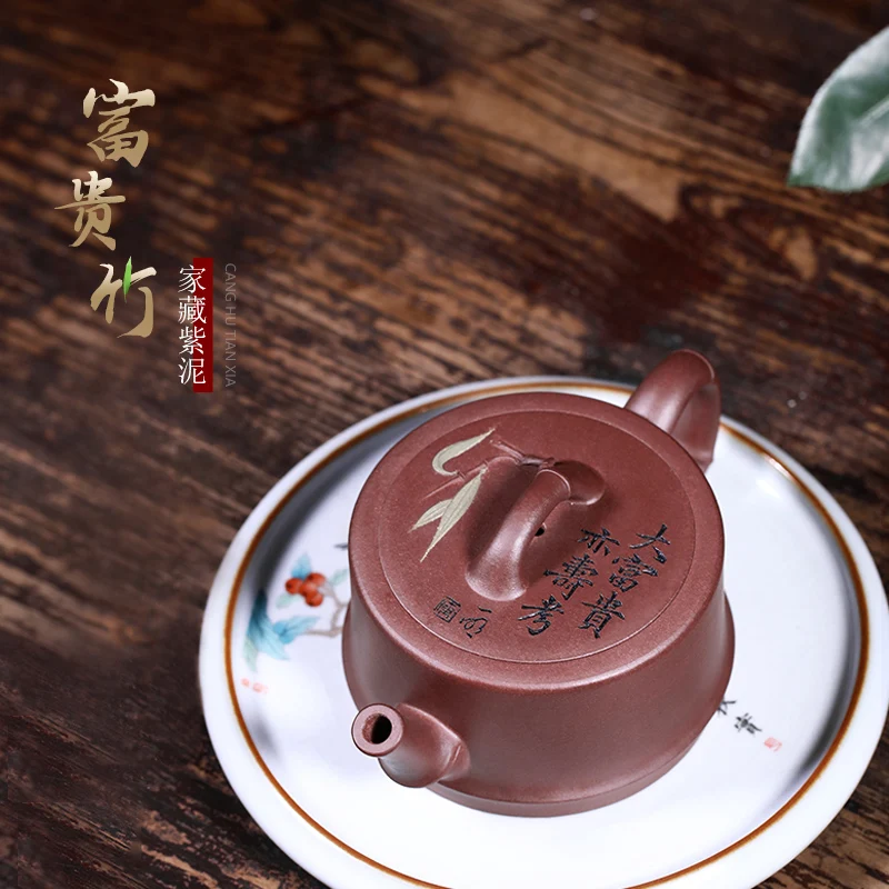 

★world pure hand carved purple clay teapot Yixing old purple clay bamboo section medium quality teapot Fugui bamboo