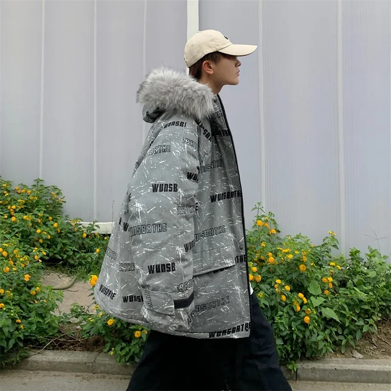 Мужская куртка-пуховик оверсайз с буквенным принтом зимняя модная трендовая