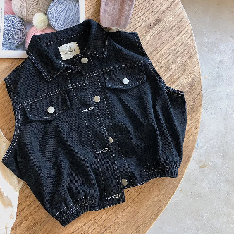 Детский джинсовый жилет однобортный с воротником лацканами в Корейском стиле