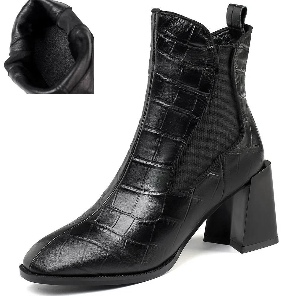 black 2 no fur BONJOMARISA/размеры 34-43; фирменные дизайнерские ботинки челси; качественные женские ботильоны из натуральной кожи; женская обувь года на не сужающемся книзу массивном каблуке - Цвет: black 2 no fur