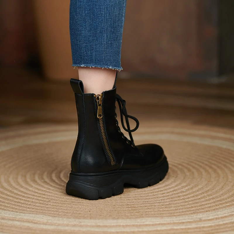 Harga Sepatu Untuk Wanita Sepatu Bot Kulit Asli Sepatu Bot Pergelangan Kaki Berenda Ritsleting Wanita Sepatu Bot Platform Modis Ujung Bundar Sepatu Musim Dingin 2021