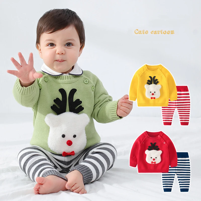 Autumn Baby Set Knitted Boys Girls Clothing Sets 2pcs Pullover Long Sleeve Tops Striped Pants Winter Fashion Clothes | Детская одежда и