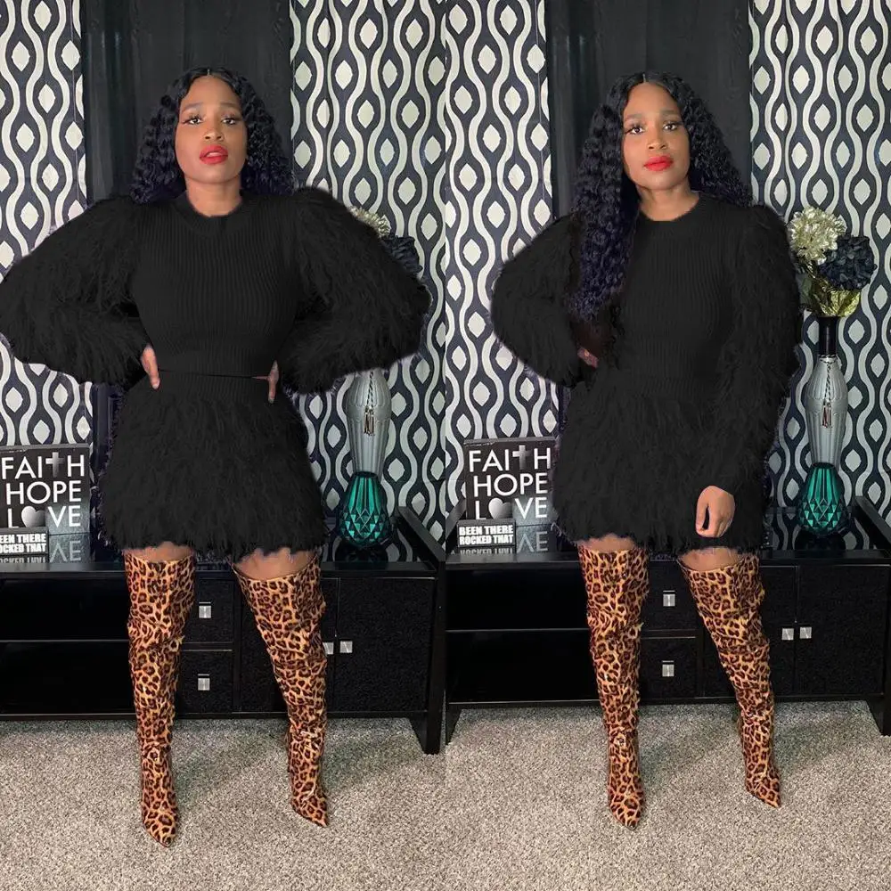 Зимний свитер с бахромой шерстяной костюм из 2 предметов юбка длинным рукавом