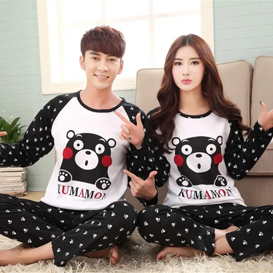 Пара пижам набор весна и осень 100% хлопок мультфильм женщин пижамы размера плюс M