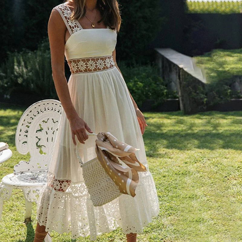 

Women's Backless Italian Thin Ribbon High Waist 2021 Summer Comfortable Women's White Cotton Lace Hollow Long Dress