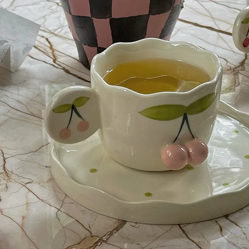 

Nordic Cute Pink Cherry Ceramic Cup Saucer Decorative Breakfast Milk Coffee Cup Set Couple Gifts Reusable Drinking Cup