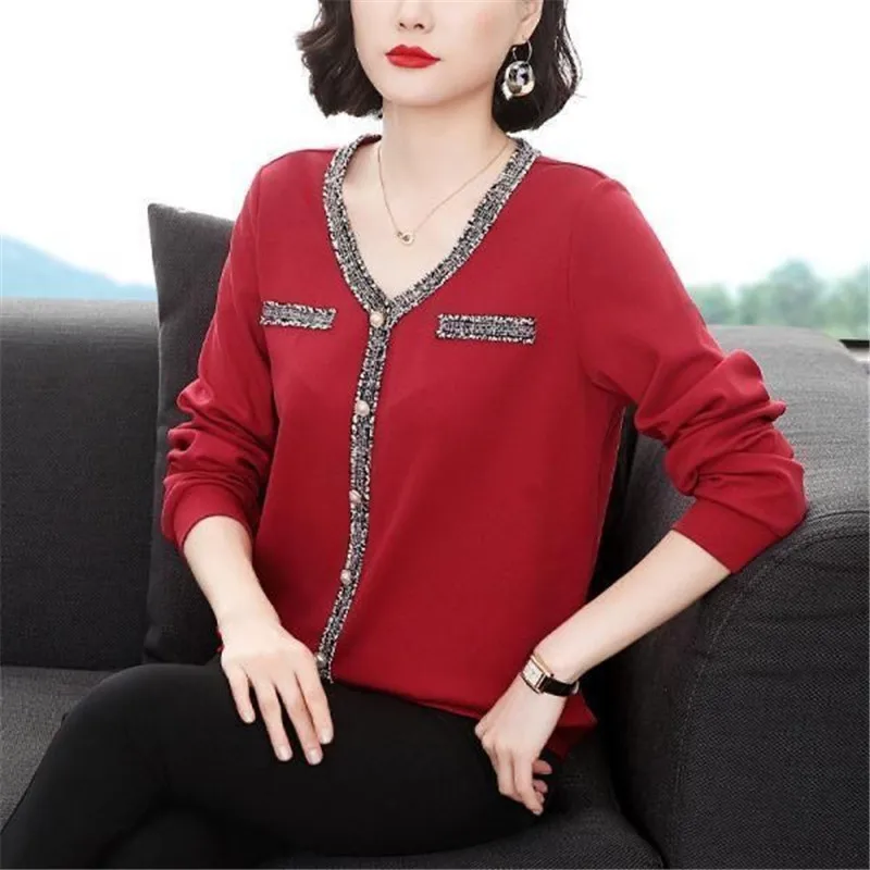 

Long-Sleeved T-Shirt Women Autumn 2021 New Fashion Small Shirt Middle-Aged Mother V-Neck Top Temperament Bottoming Shirts