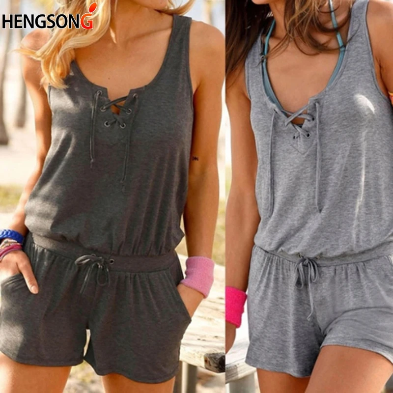 

Summer Tracksuit For Women's Rompers 2022 New Sleeveless Workout Gym Exercise Fitness Rompers Women Overalls Lace-up Sportswear