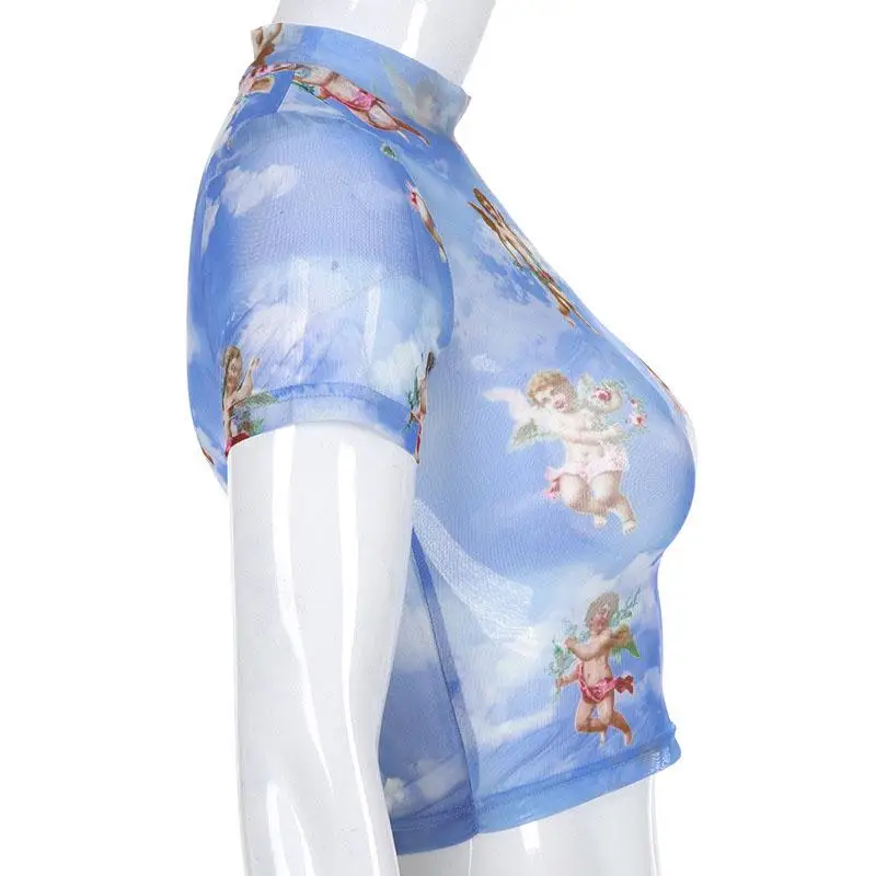 

Angel Print Mesh Sexy T Shirt Crop Top High Neck Short Sleeve Graphic Tees Women Streetwear Harajuku Shirts Hot Sale