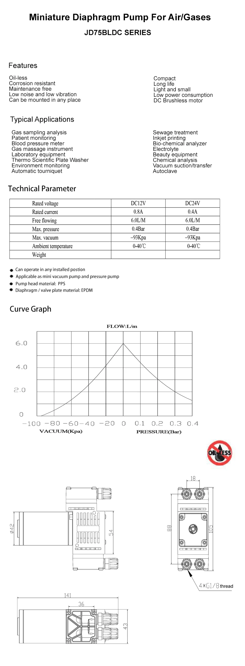 93kPa 6L/m 0.4bar миниатюрный мембранный вакуумный насос мини-газовые насосы небольшие компрессоры воздуха 12 V/24 V