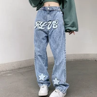 star pattern letters embroidered blue flare jeans mens and womens hip hop streetwear retro denim wide leg long casual trousers