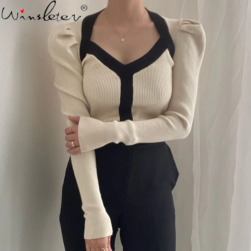 

Женский трикотажный свитер с квадратным вырезом, приталенный пуловер с рукавами-фонариками и квадратным вырезом, модель T1D703A на весну 2022