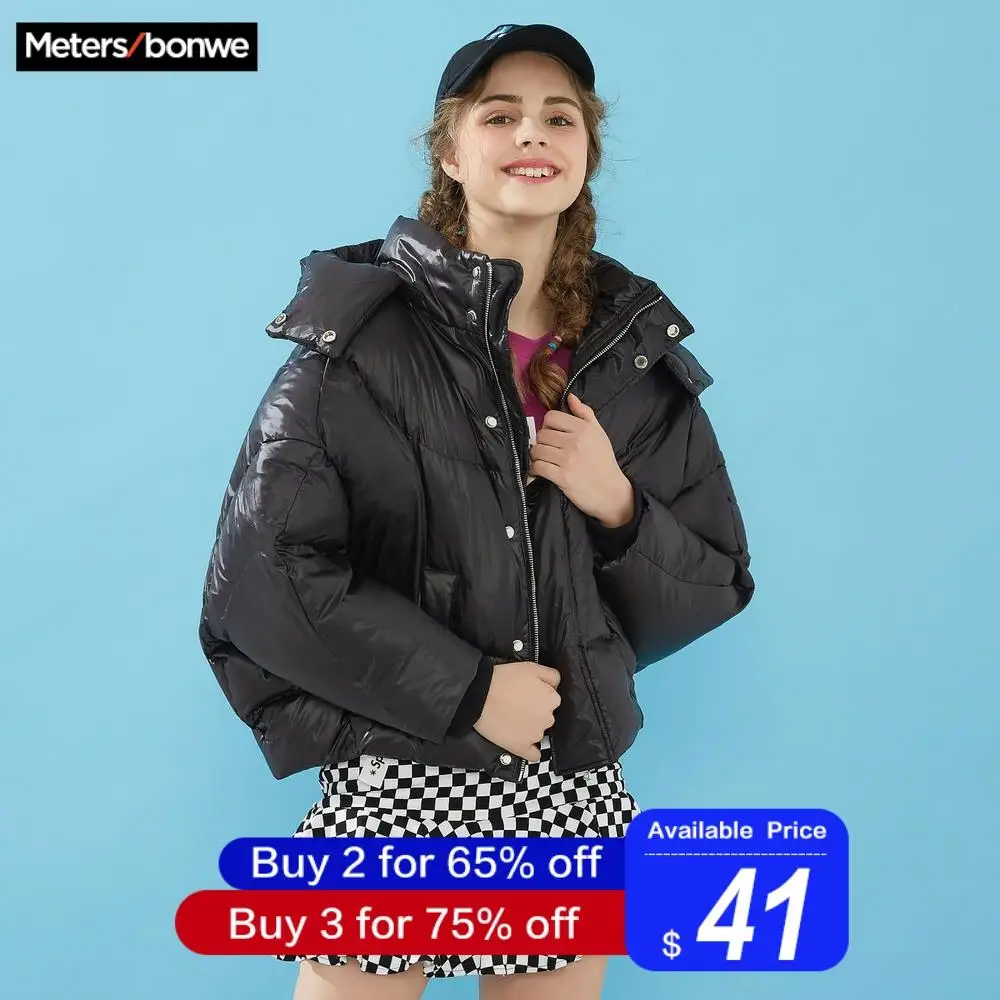 Metersbonwe, короткий пуховик, женский, зимний, портативный, теплый, 80%, белый, утиный пух, крутой, для девушек, глянцевый, цветной, с капюшоном, пуховик