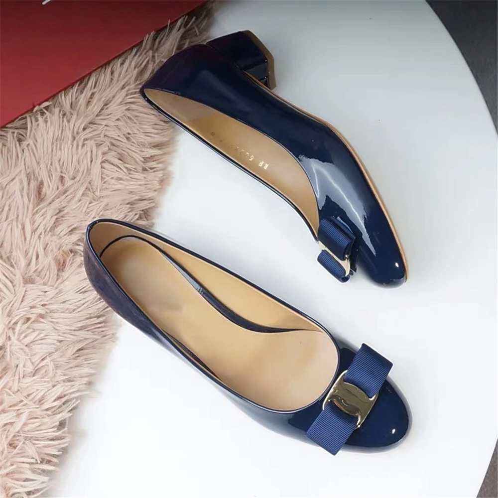 Navy blue 3.5CM Junetxin/Женская обувь наивысшего качества обувь ручной работы из натуральной кожи на каблуке г., Классическая Брендовая обувь с круглым носком - Цвет: Navy blue 3.5CM