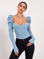hot selling fashion autumn and winter new style bubble long sleeved womens pullover flat collar solid color slim t shirt