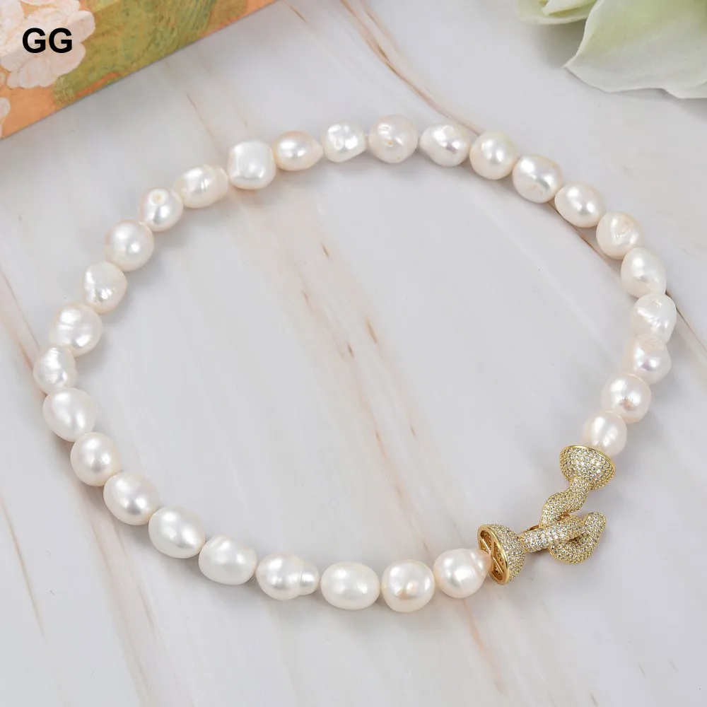 

GuaiGuai Jewelry Natural Big White Baroque Keshi Pearl Gold Plated Connector CZ Clasp Necklace For Women Lady Gift Jewelry