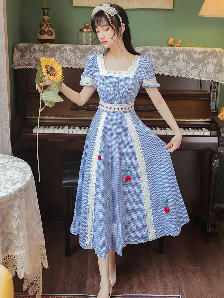 

Make French blue grid square collar dress skirt restoring ancient ways