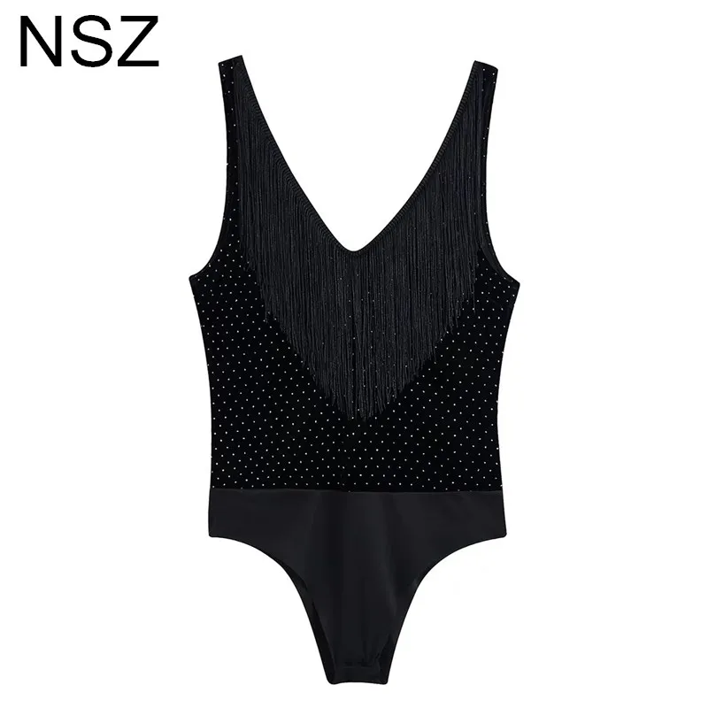 

NSZ Women's Sexy Black Tight Deep V Neckline Sleeveless Tassel Velvet Bodysuits Party Body Night Club Bodies Leotard Romper