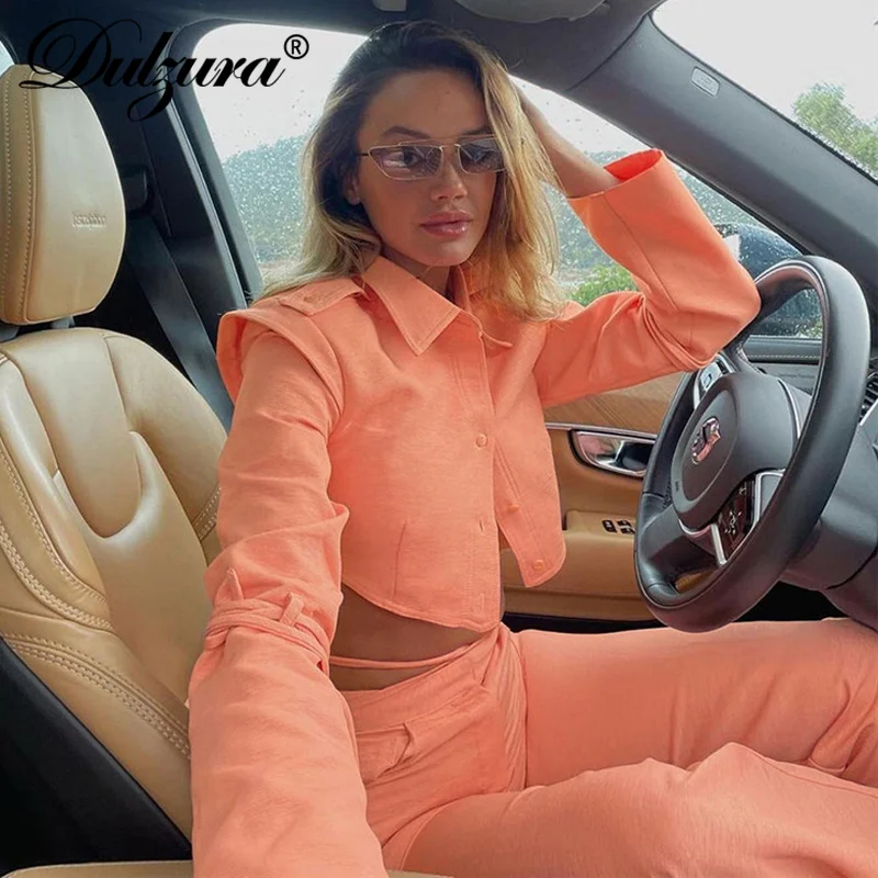 

Dulzura 2021 Autumn Winter Women Solid Lace Up Blouse Set Long Sleeve Crop Shirt Wide Leg Pants Set Matching Outfit Streetwear