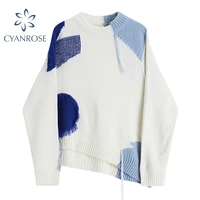 patchwork womens sweater tassel trendy cropped contrast color spliced retro 2021 streetwear korean rib ins knitwear knitted top