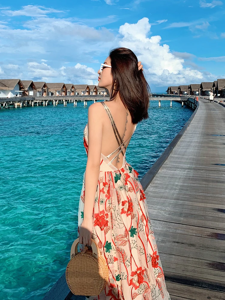 

Holiday Skirt Seaside Beach Skirt Open Back Long Skirt Suspender Dress Super Fairy Summer