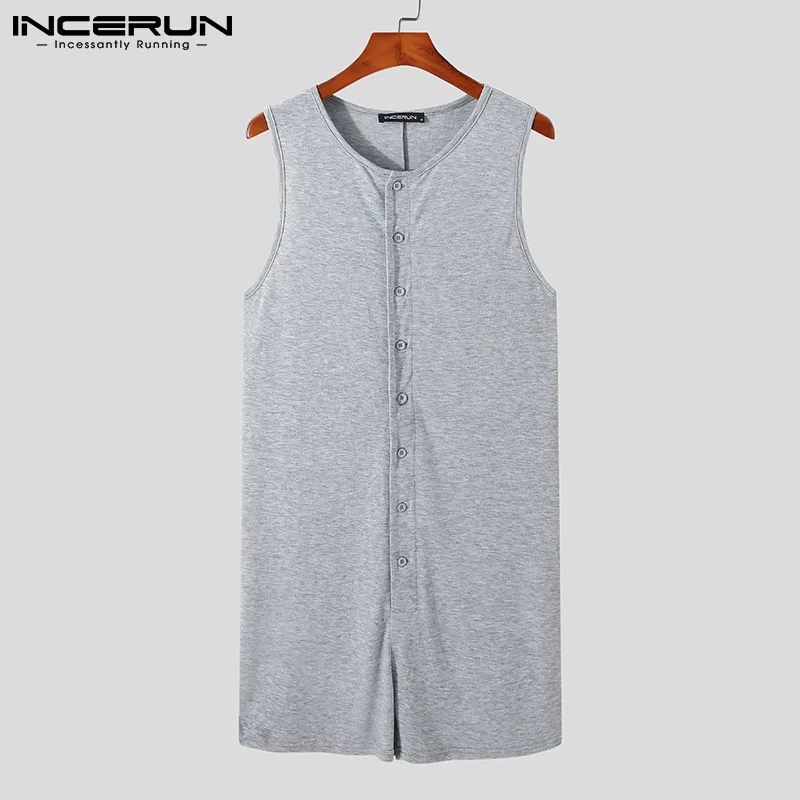 INCERUN Summer Men Pajamas Rompers Solid Color O Neck Sleeveless Homewear Jumpsuits Button Cozy Leisure Nightwear Men Playsuits
