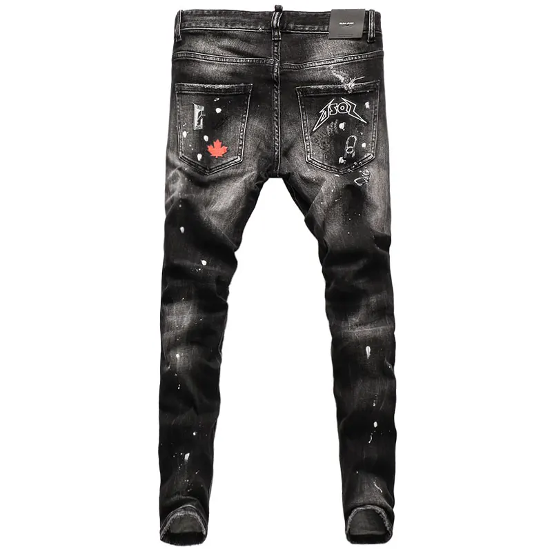 European American Street Fashion Men Jeans Retro Gray Elastic Slim Ripped Jeans Men Patches Printed Designer Hip Hop Denim Pants