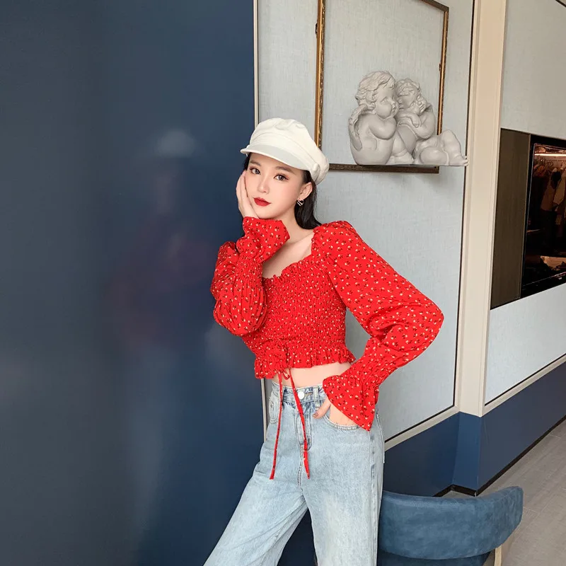 

Sexy Square Collar Flare Long Sleeve Flower Print Chiffon Blouse Women Clothing Slim Crop Top 2021 Fashion New Spring Autumn