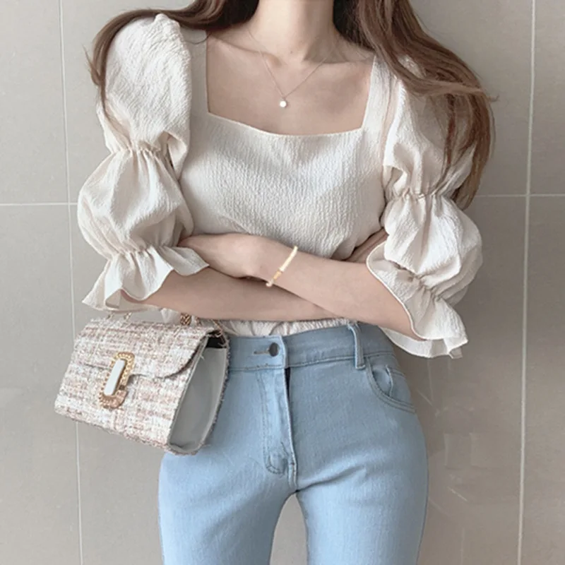 

2021 Vintage Puff Sleeve Shirts Sweet Spring Summer Blouse Square Neck Women Shirt Tops Sexy Slim Woman Blouse Shirt Solid Color
