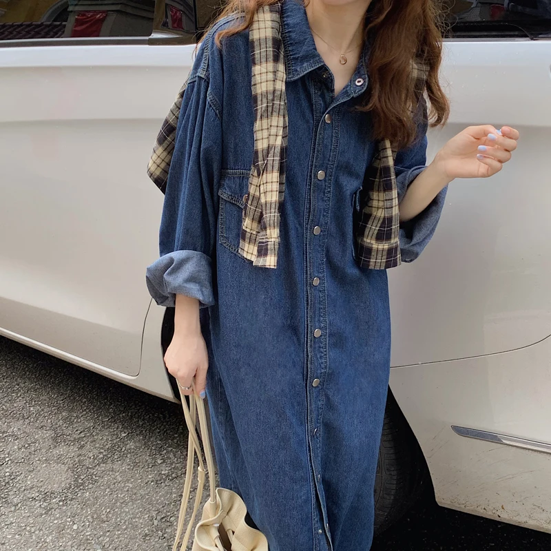 

Women Casual Long Sleeve Blue Denim Dresses Pockets Elegant Cowboy Fashion Slim Denim Dresses Vestidos Feminino Lady Shirt Dress