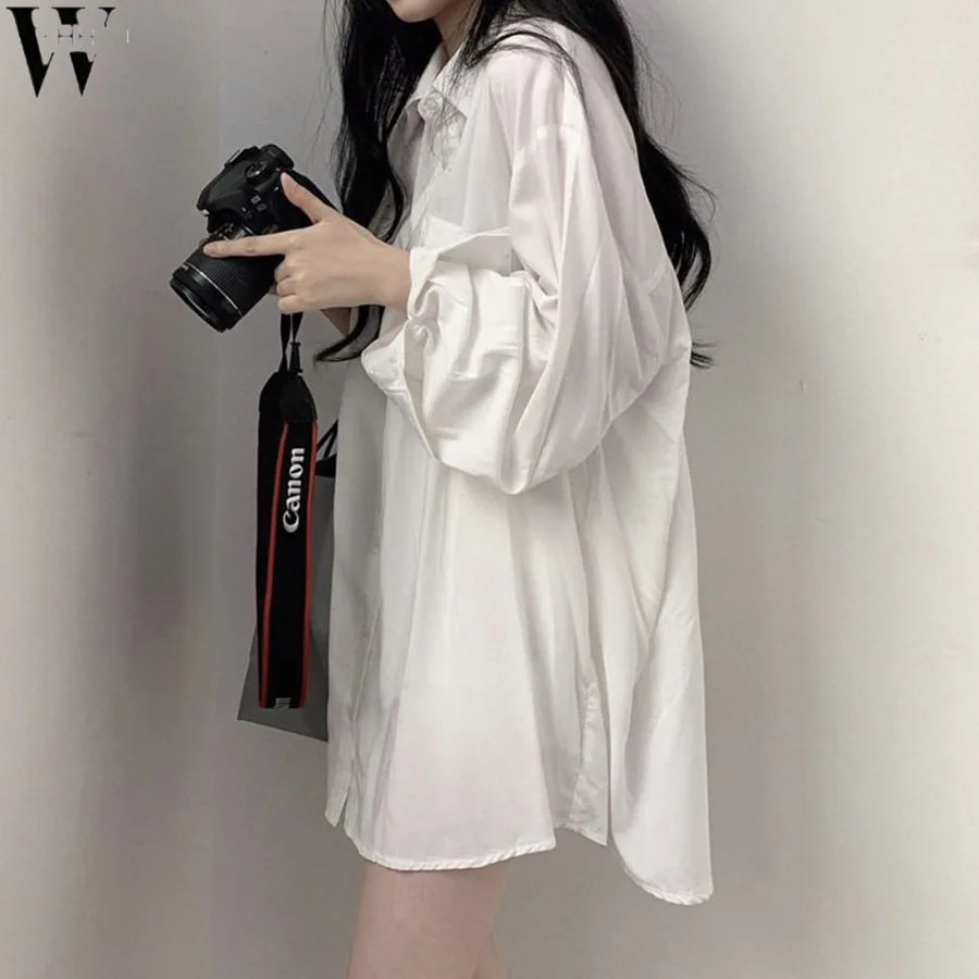 

WYHHCJ 2021 Spring/Summer Women Shirts White Plain Loose Oversized Long Blouses Female Tops Loose BF Korean Style Blusas Pockets