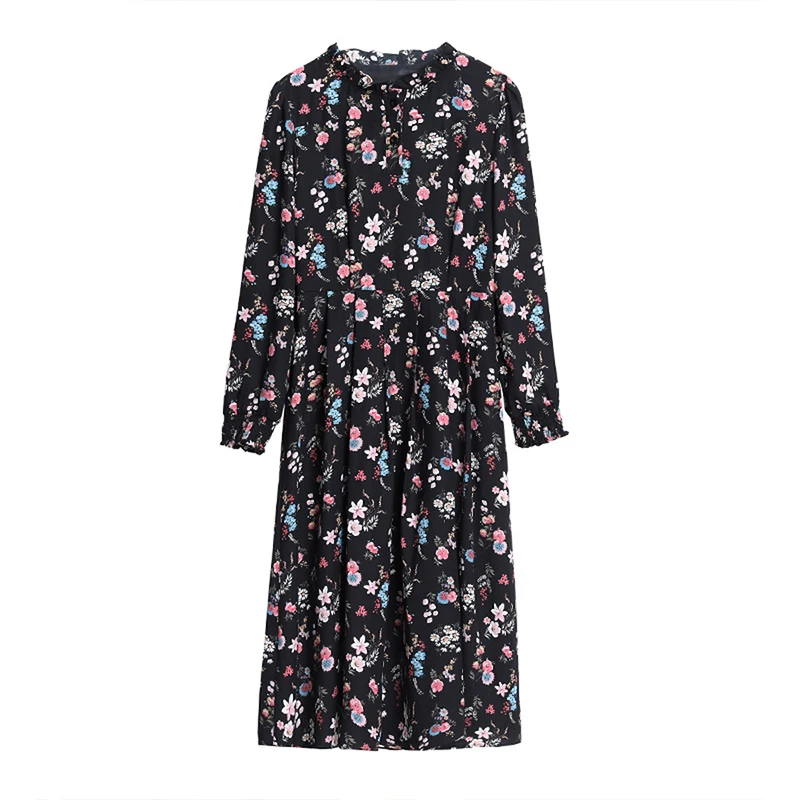 

Vintage Floral Chiffon Dresses Autumn Winter M-4XL Plus Size Print Long Sleeve Dress Women Temperament Dress