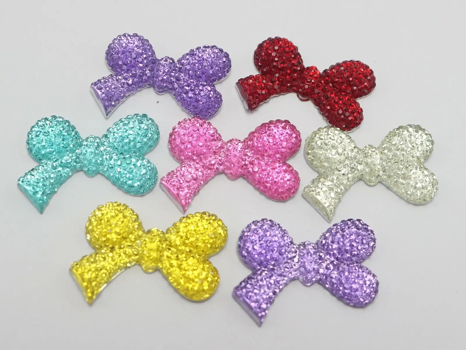

50 Mixed Color Bowknot Bows Flatback Resin Dotted Rhinestone 27X20mm Cabachons
