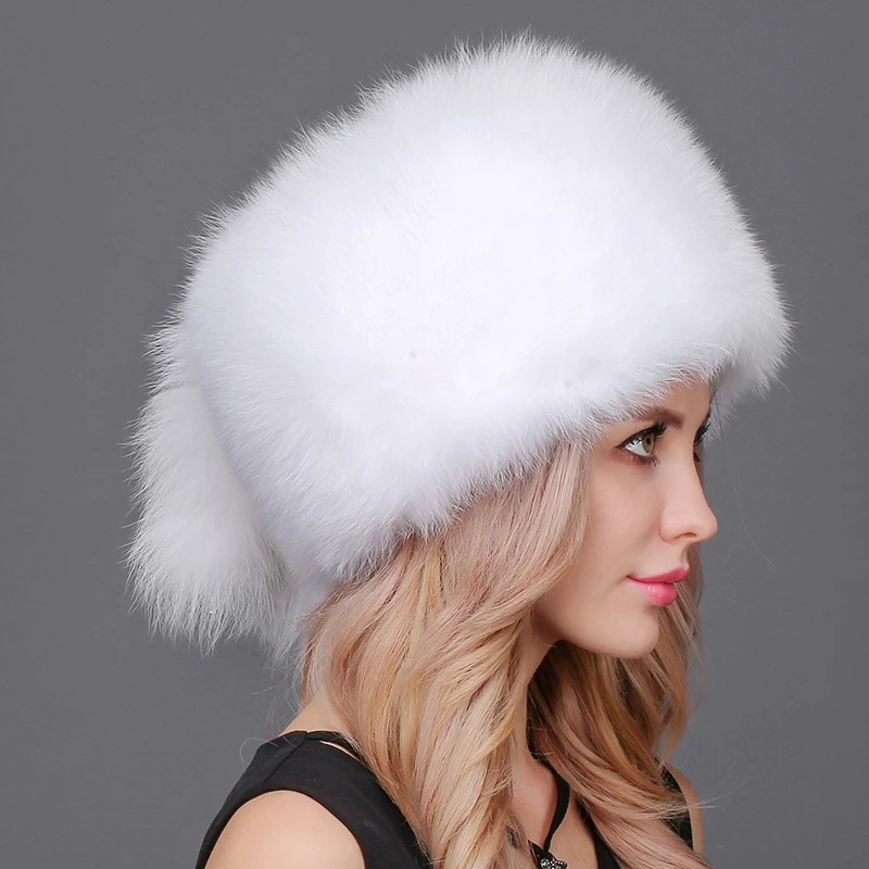 

Women Winter Bomber Hats Warm Winter Hat Natural Fox Fur With Tail Hat Thick Snow Cap Outdoor Ski Cap