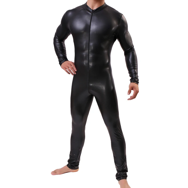 Мужской кожаный латексный костюм боди черное блестящее эротическое белье одежда