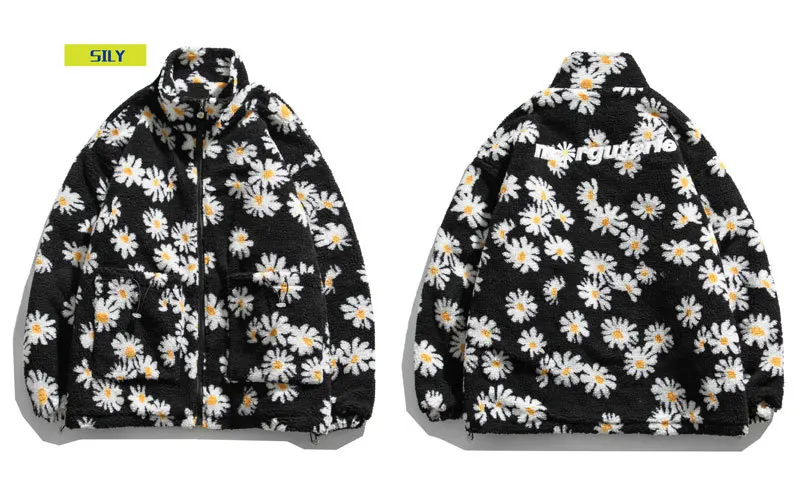 

Cotton Padded Thick Parkas Jackets Streetwear Hip Hop Daisy Print Fleece Warm Full Zip Coats Fashion Harajuku Outwear