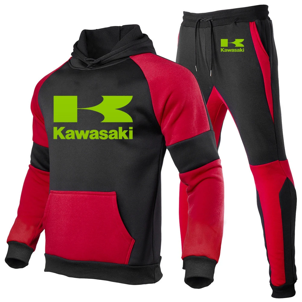 

Men 2021 Kawasaki Motorcycle Logo Autumn Winter Packwork Print Sweatshirt Top Pants Sets Sport Suit Tracksuit Tracksuit