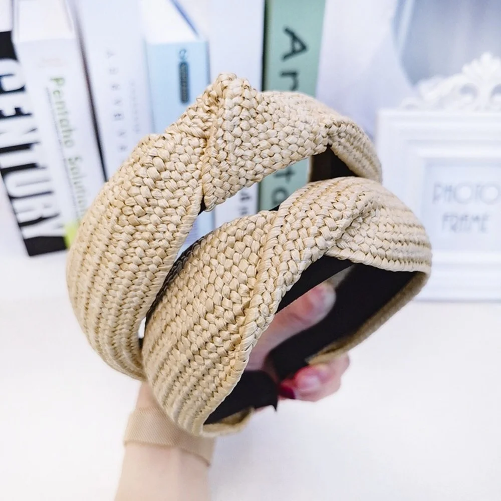

Girls Hair Hoop Wide Straw Braid Headbands Knotted Hairband Woven Twist Knot Bowknot Bows Vintage Womens Beach Holiday Headwear