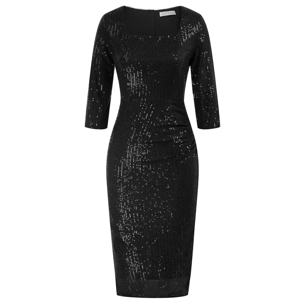 

BP Women Vintage Sequined Midi Dress 3/4 Sleeve Square Neck Bodycon Party Dress 50s Elegant Lady Glitter Cocktail Dresses A30