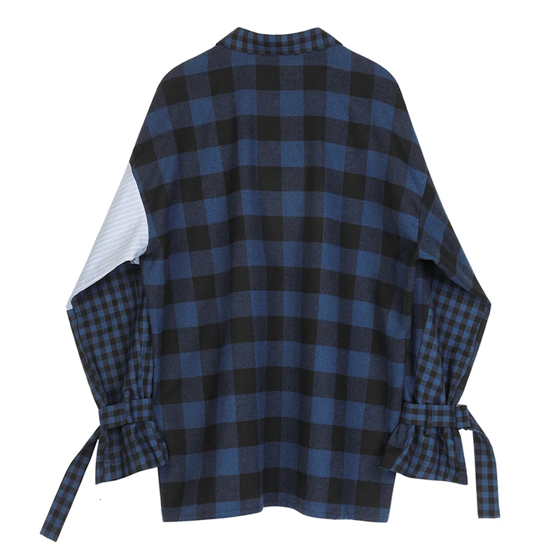 CHICEVER Korean Plaid Shirt For Women Lapel Collar Long Sleeve Lace Up Patchwork Irregular Blouse Female Autumn 2020 Fashion New | Женская
