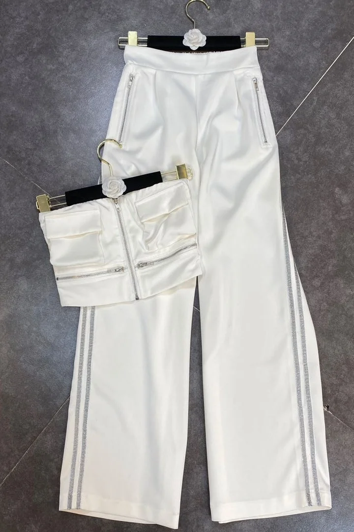 

SHENGPALAE Sexy White Slash Neck Zipper Super Short Tops And High Elastic Waist Loose Straight Pants 2 PCS Sets Foe Women 5E2125