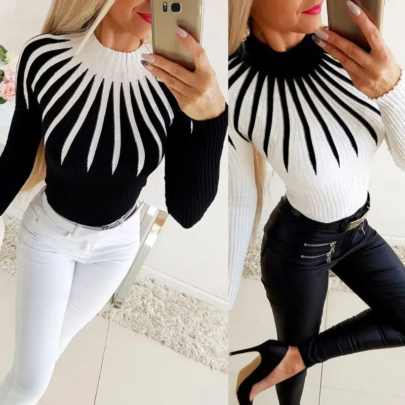 

Women Autumn Long Sleeve Sweater Color Block Radial Striped Ribbed Knitted Pullover Tops Turtleneck Bodycon Winter Warm Jumper