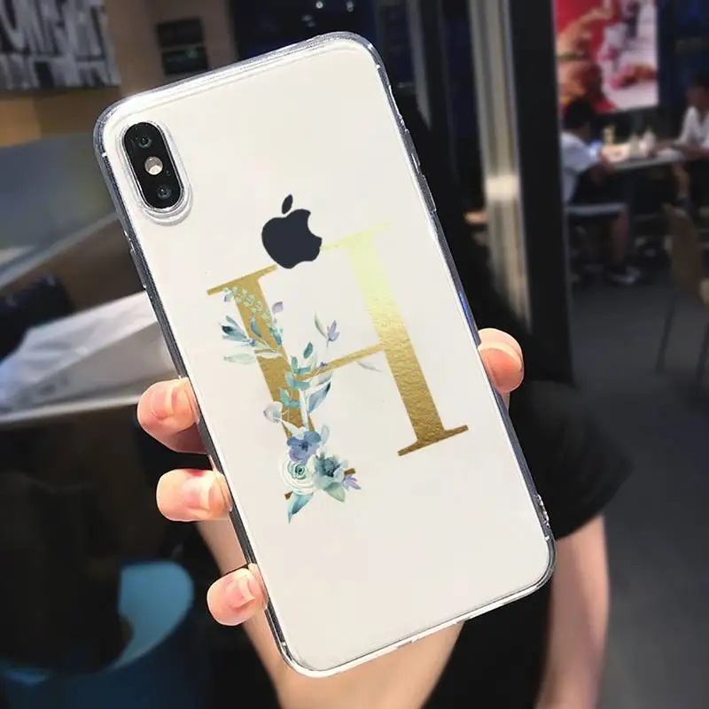 

Golden Alphabet Letter flower Phone Case Transparent soft For iphone 5 5s 5c se 6 6s 7 8 11 12 plus mini x xs xr pro max